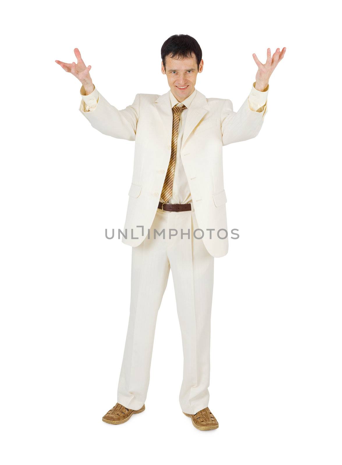The triumphant young man isolated on white background