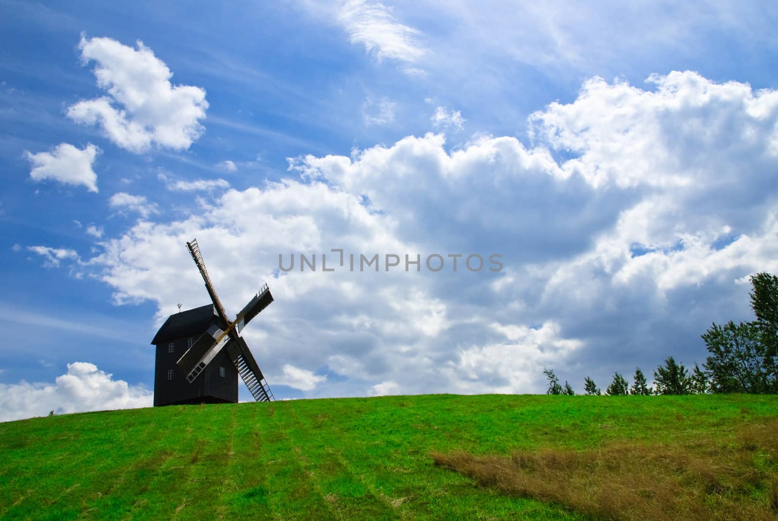 Wooden windmill against the summer blue sky with white clouds on a green hill with a birch