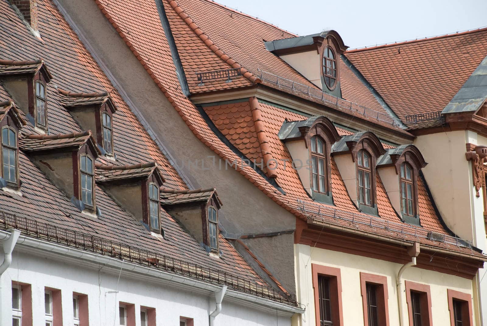 Tile grey and red roofs with windows on street of an old city