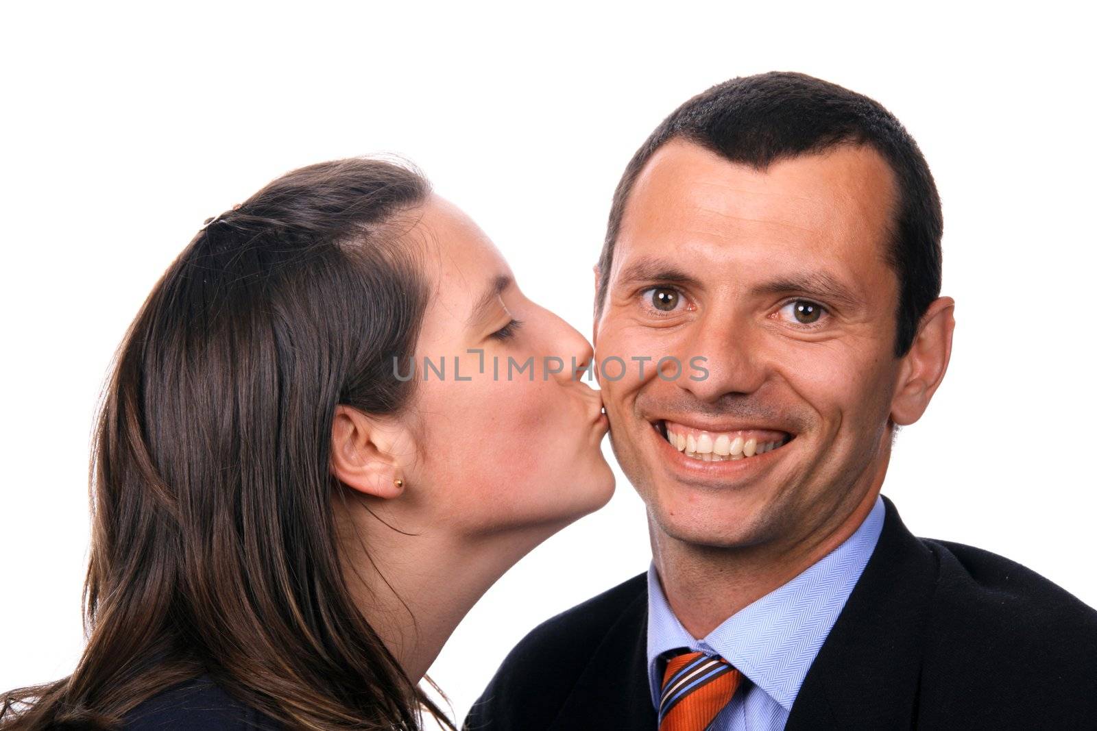 businessman and casual woman couple kissing