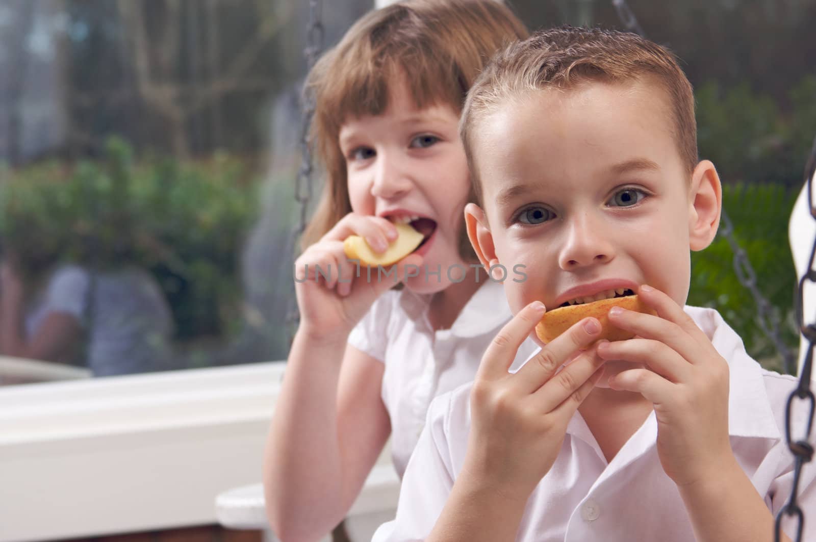 Sister and Brother Having Fun Eating an Apple