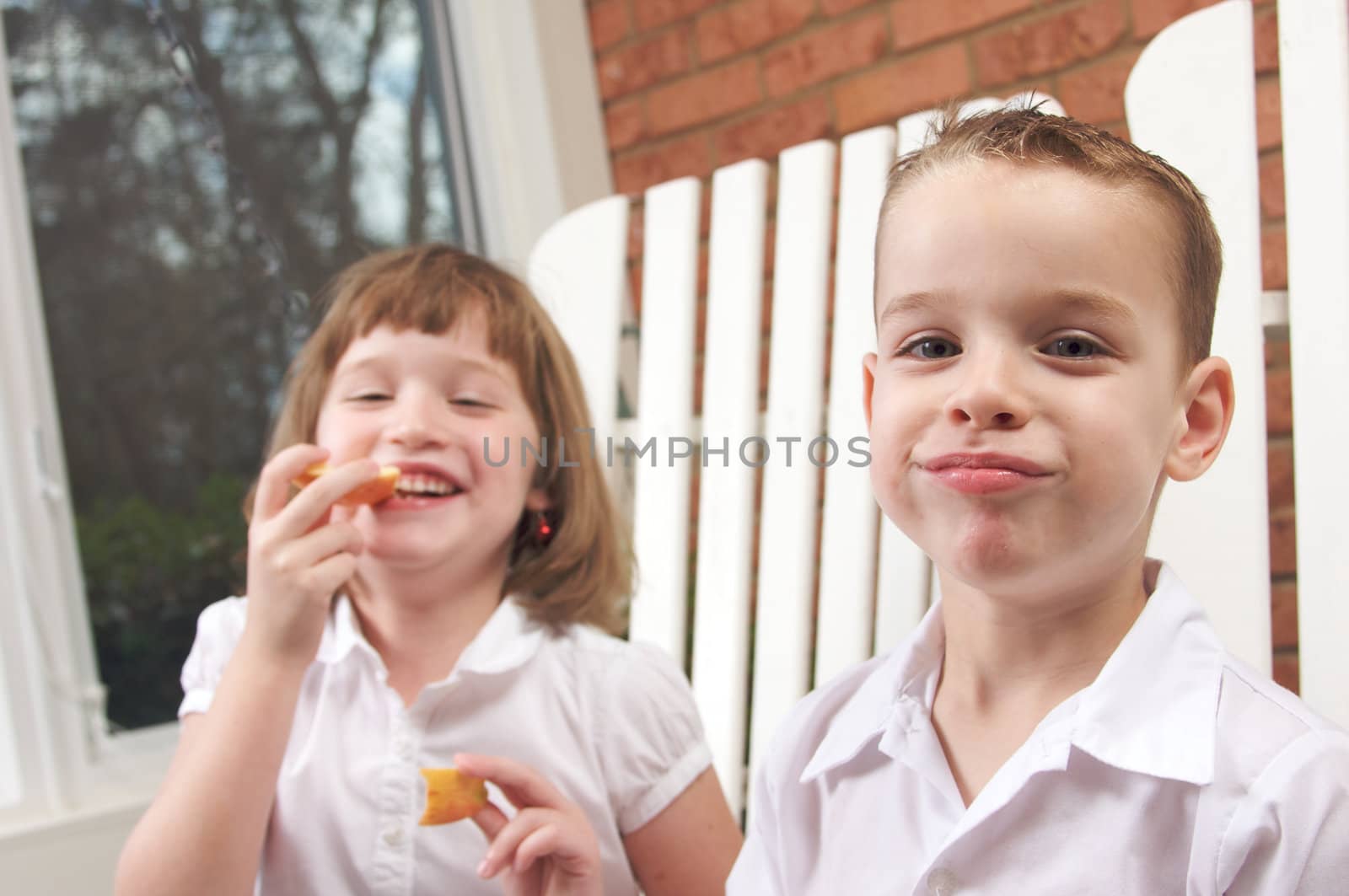 Sister and Brother Having Fun Eating an Apple