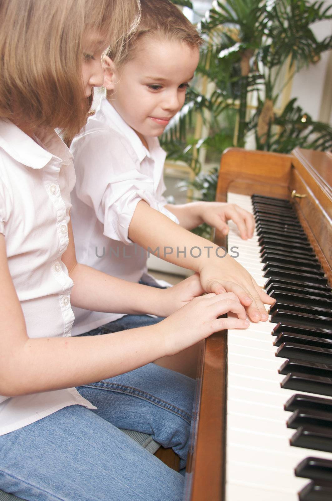 Brother and Sister Playing the Piano Together