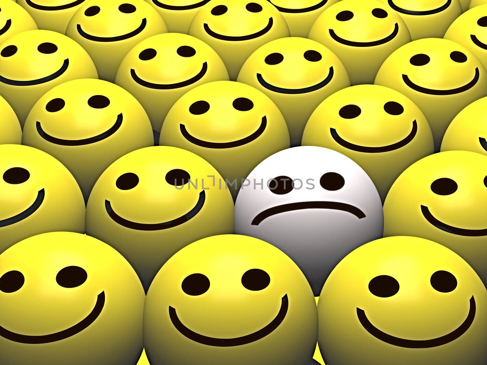 A sad smiley stands out from the crowd of happy smileys