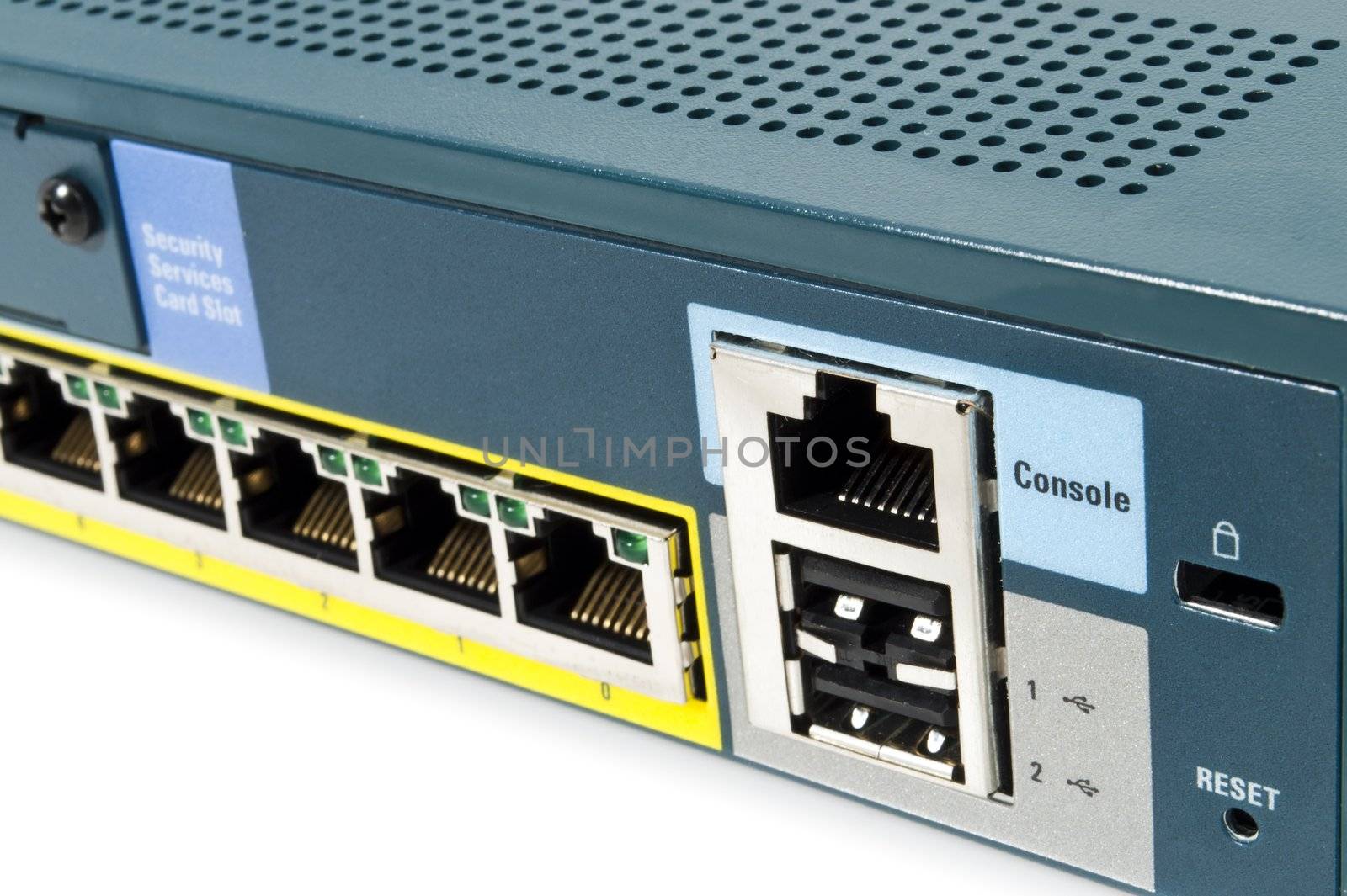 LAN port of a Ethernet firewall with console port, reset and USB