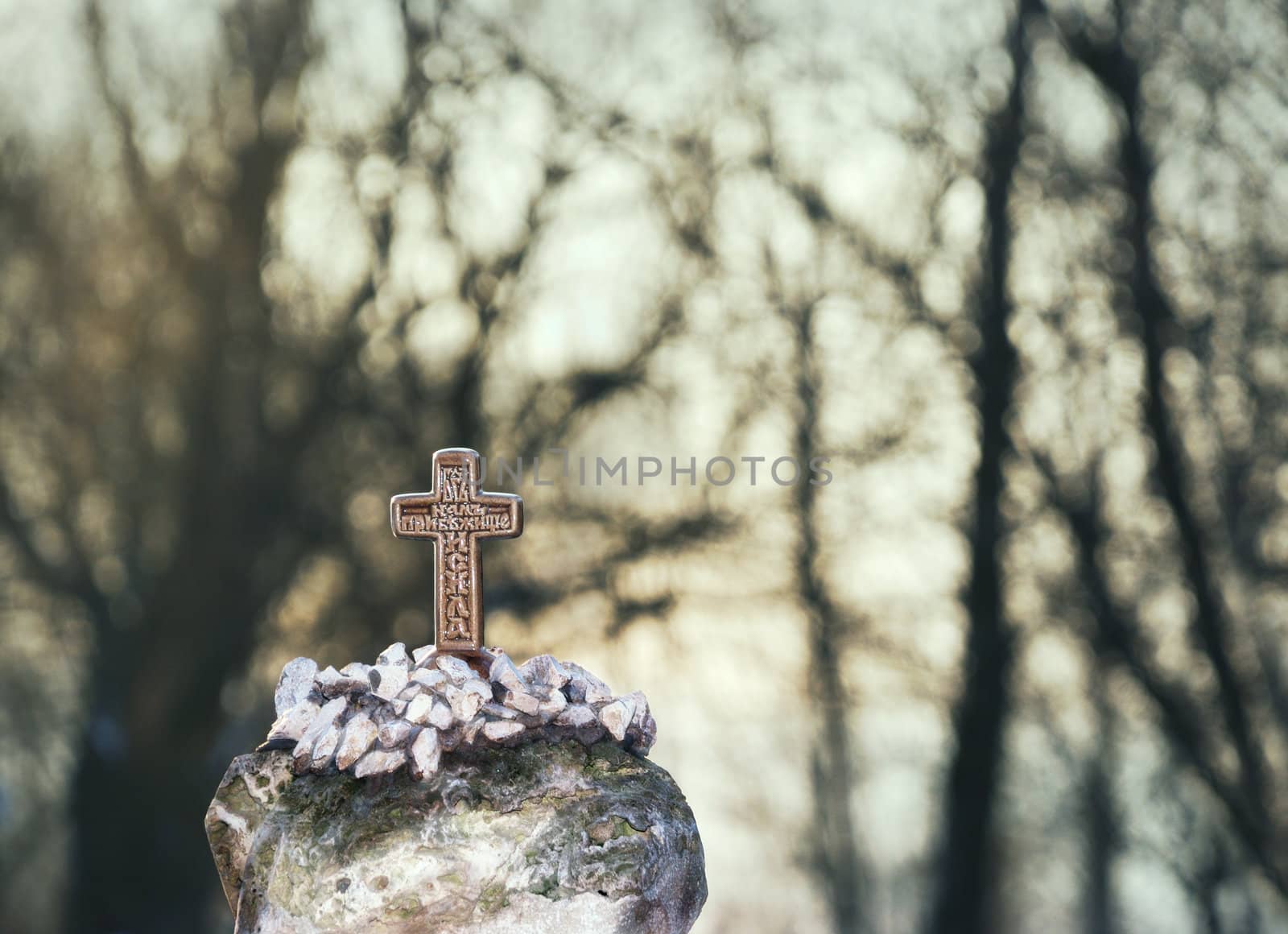 Small cross made of bronze and trees in background