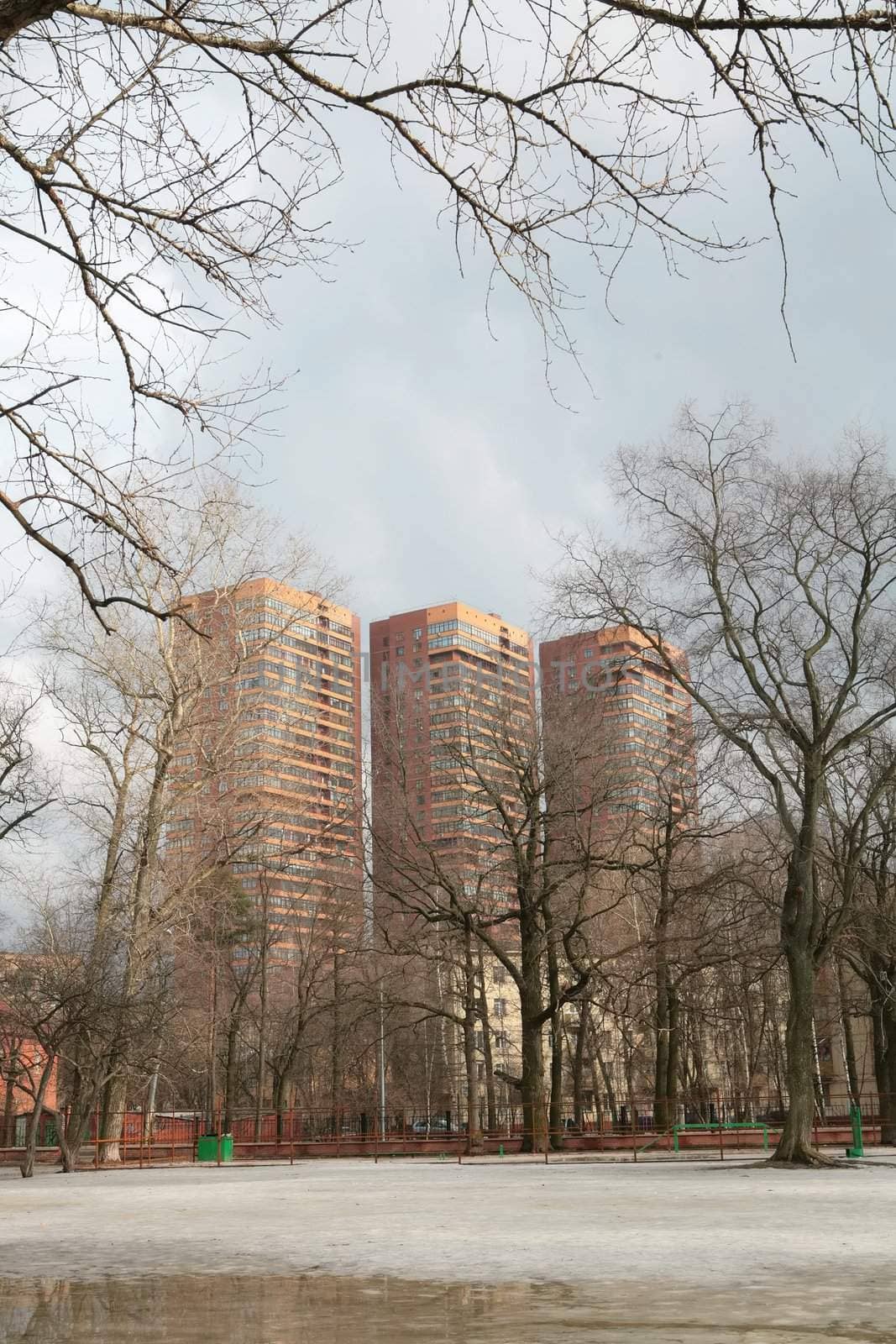 three high-rise buildings visible from park Dubki