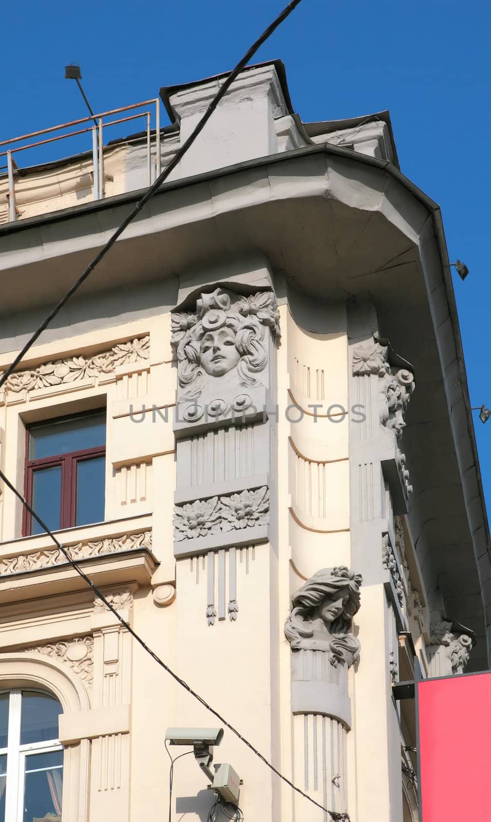 corner of the old-time building in modernist style, architecture, vintage