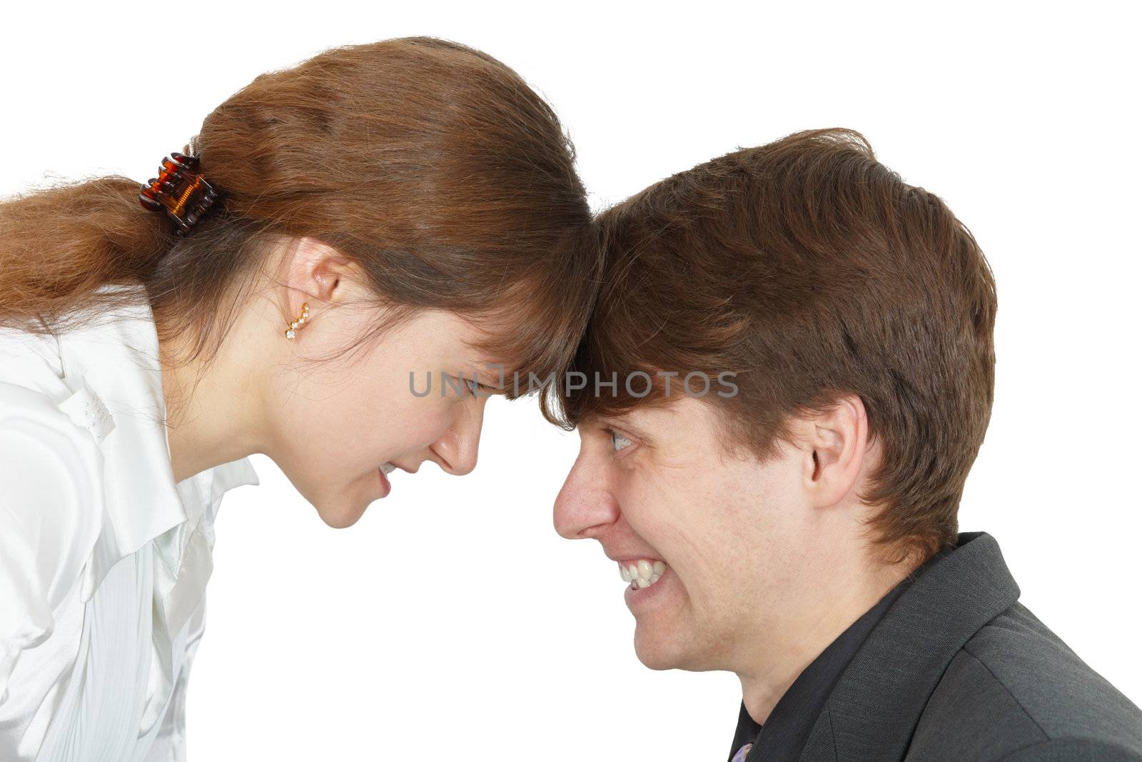 A serious confrontation between men and women on white background