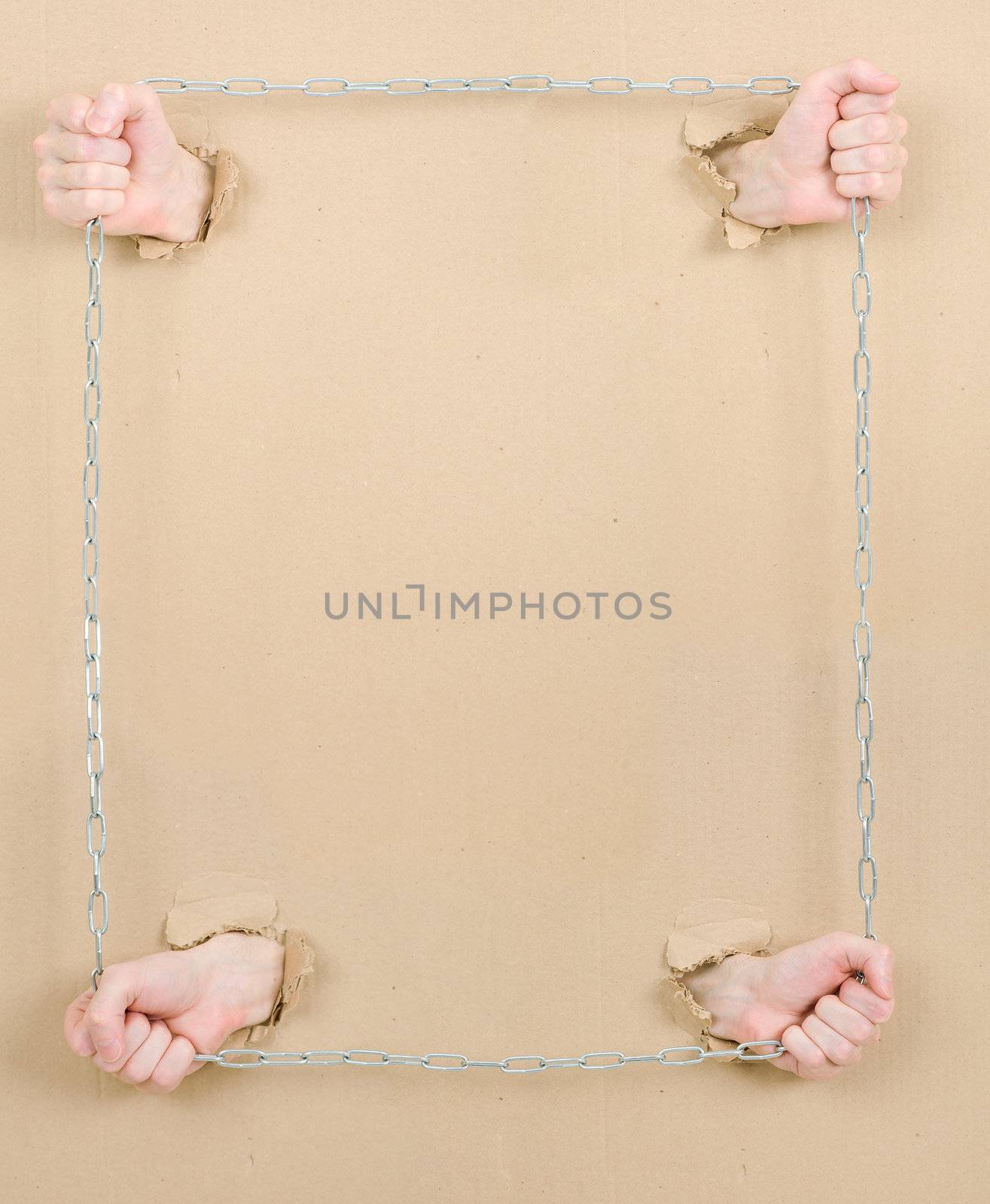 Original framework of hands, cardboard and chain