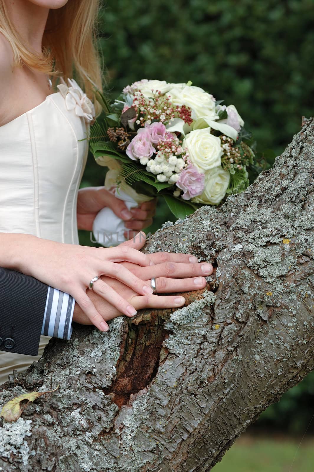 Hands, rings and bouquet of a wedding couple