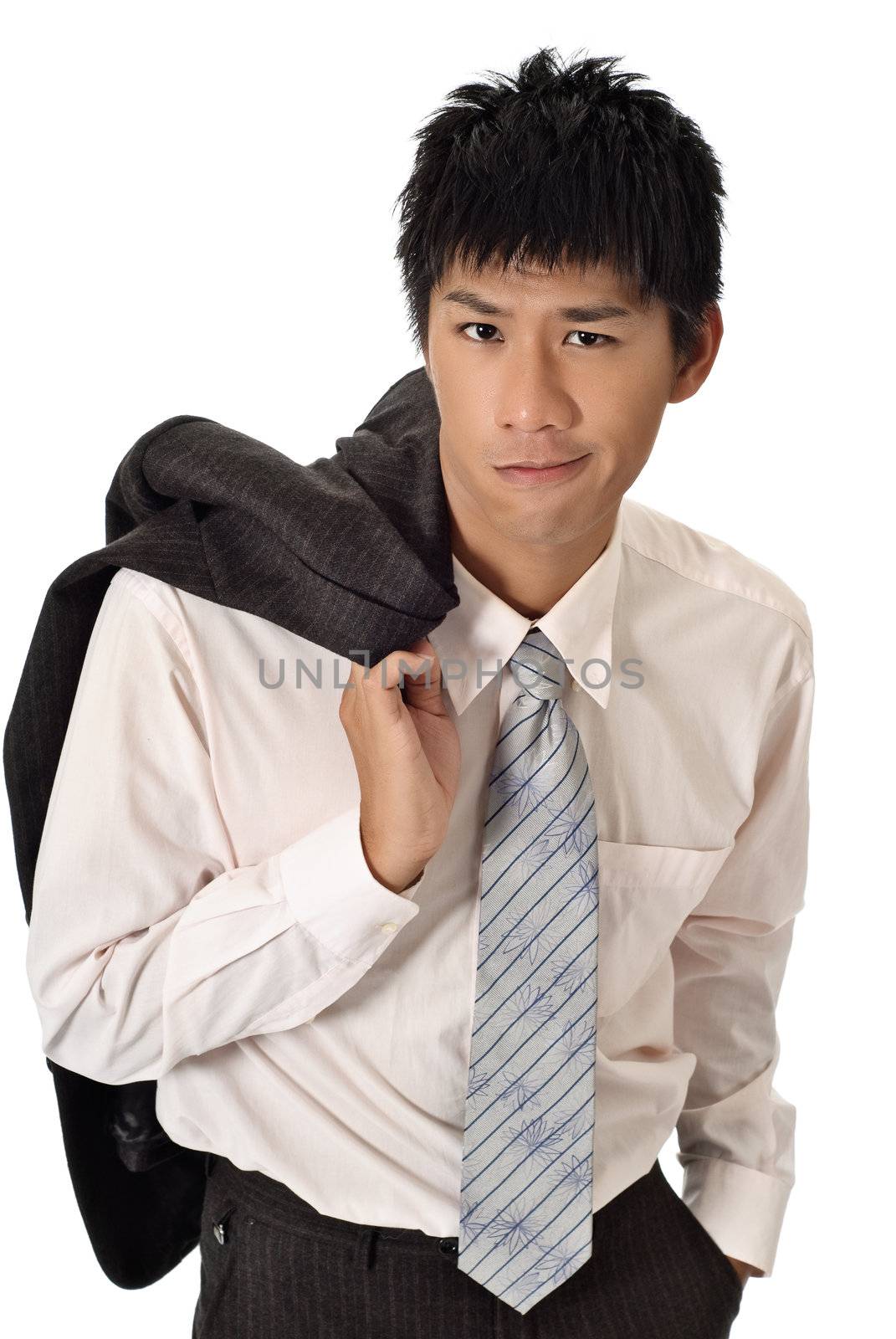 Smart businessman with coat on shoulder on white background.