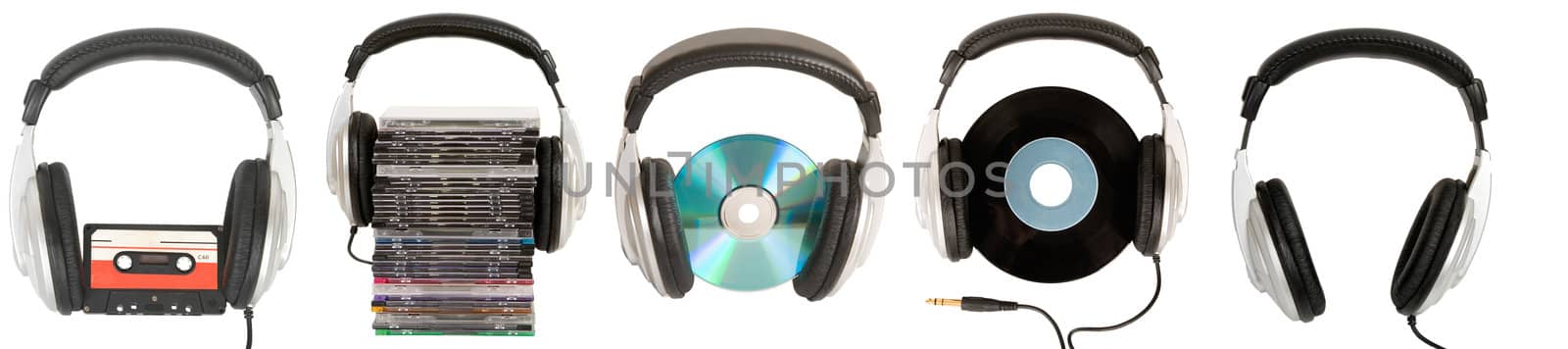 front view of dj headphones with different musical object