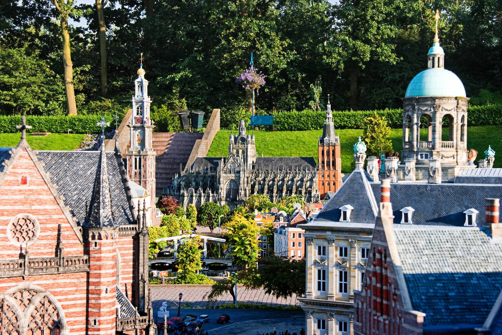 THE HAGUE, THE NETHERLANDS-JULI 2007: Madurodam, miniature city by evening light with architecture and typical Dutch scenes on a scale 1:25. Juli 22, 2007, The Hague, The Netherlands. 