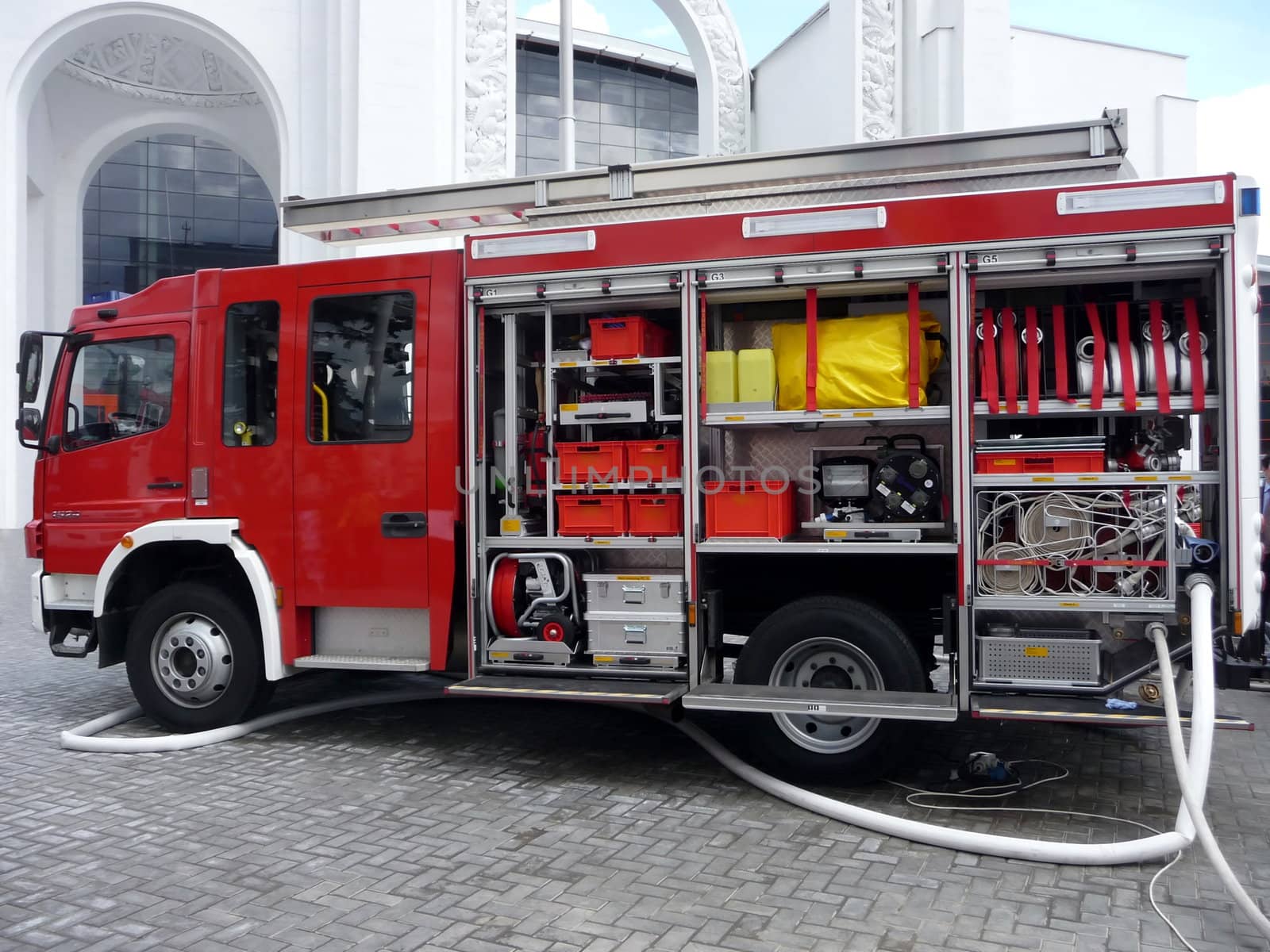 Red fire truck with its full equipment