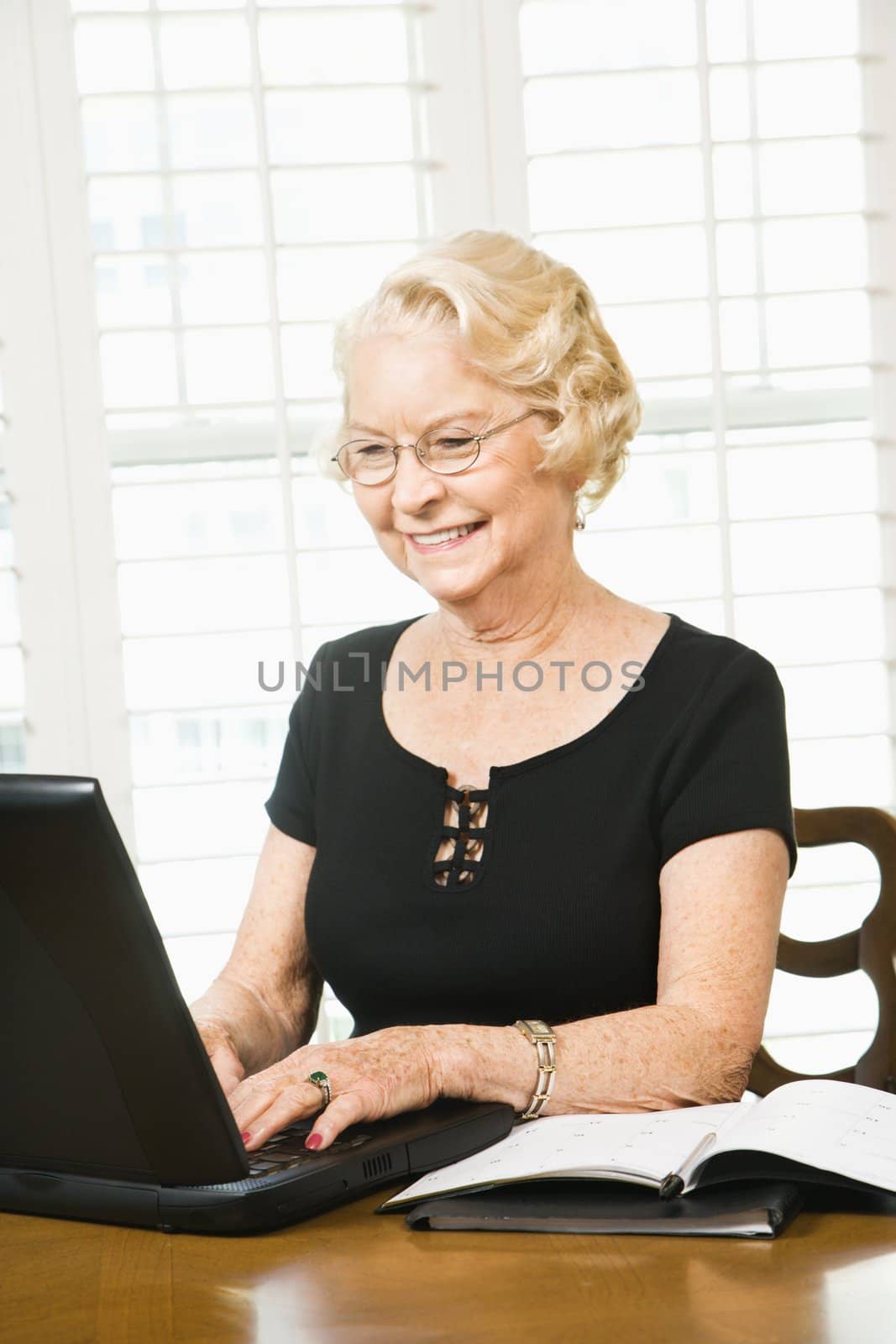 Mature Caucasian woman using laptop in living room.