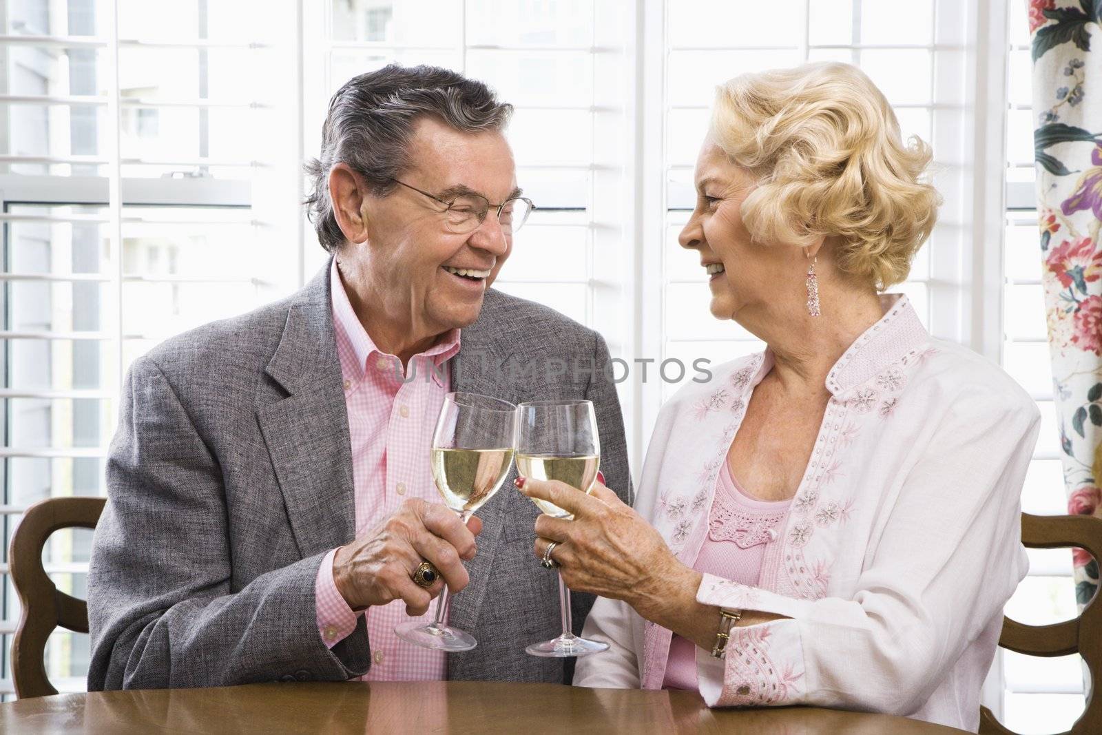 Mature Caucasian couple toasting wine glasses.