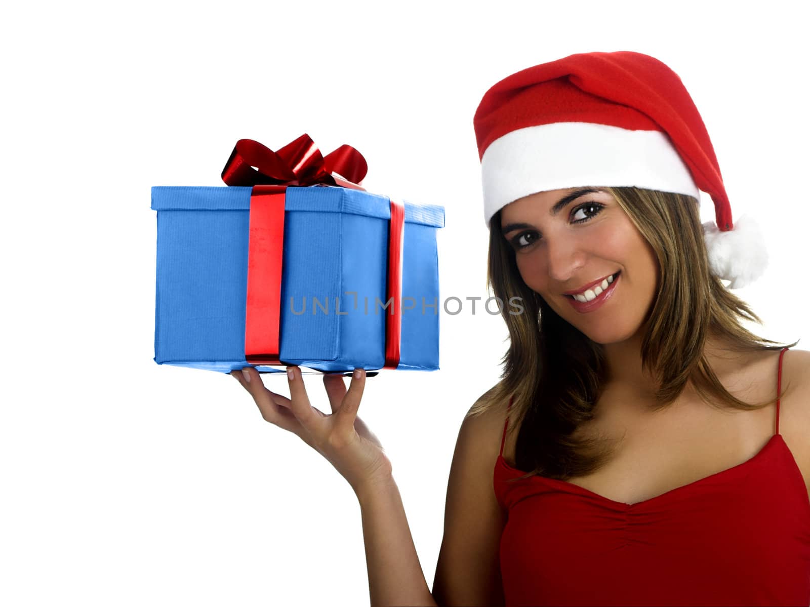 Beautiful santa girl woman with gifts
