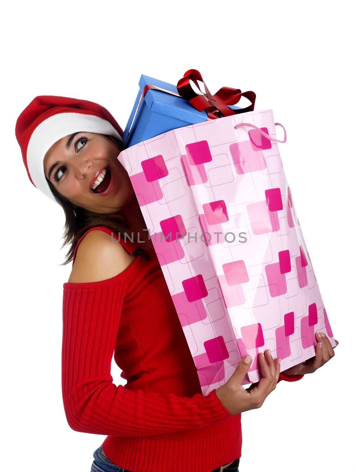 Beautiful santa girl woman with gifts
