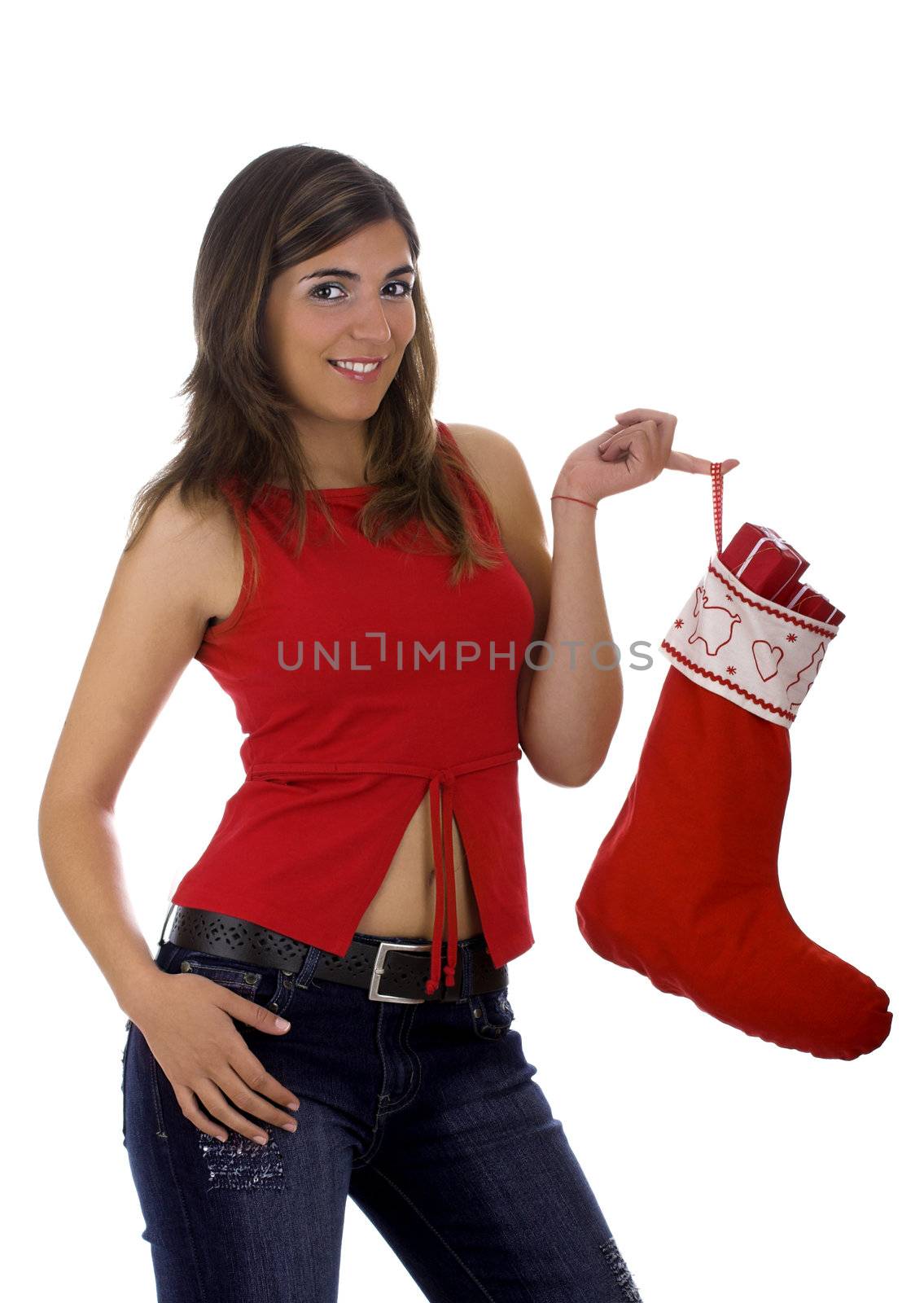 Christmas season! Different poses of a beautiful woman with a Christmas Socks full of small gifts inside.
