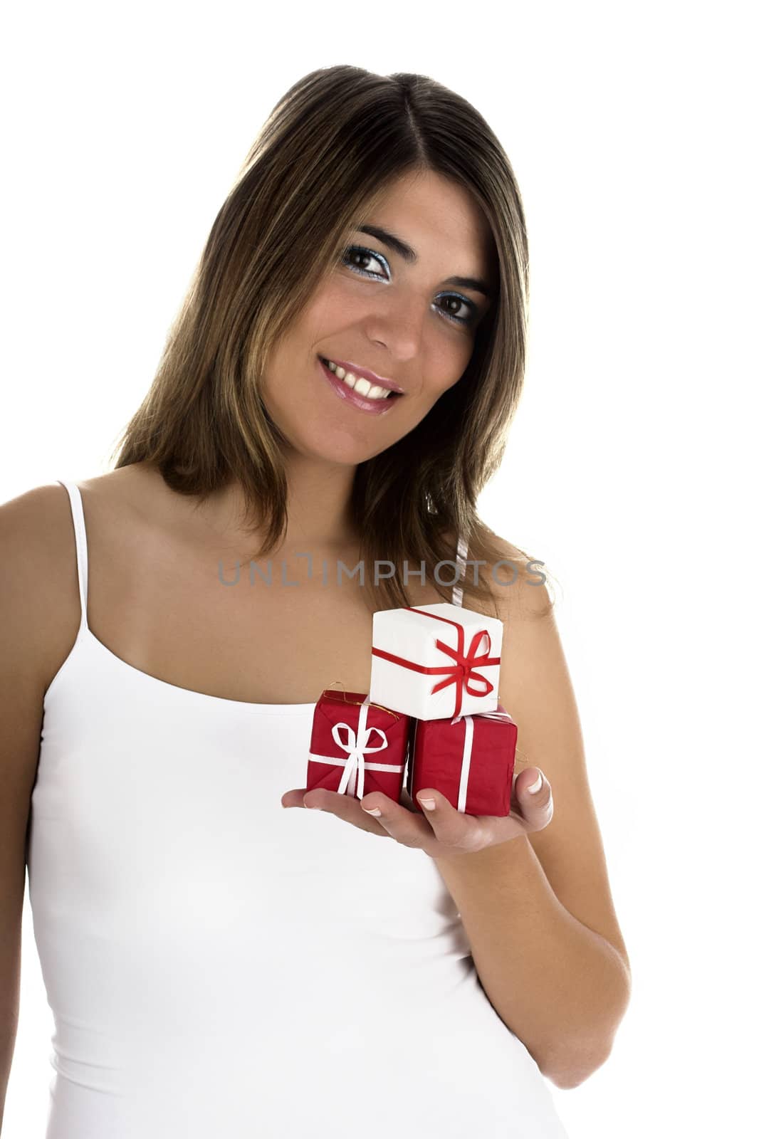 Christmas season! Different poses of a beautiful woman with small gifts on the hands.