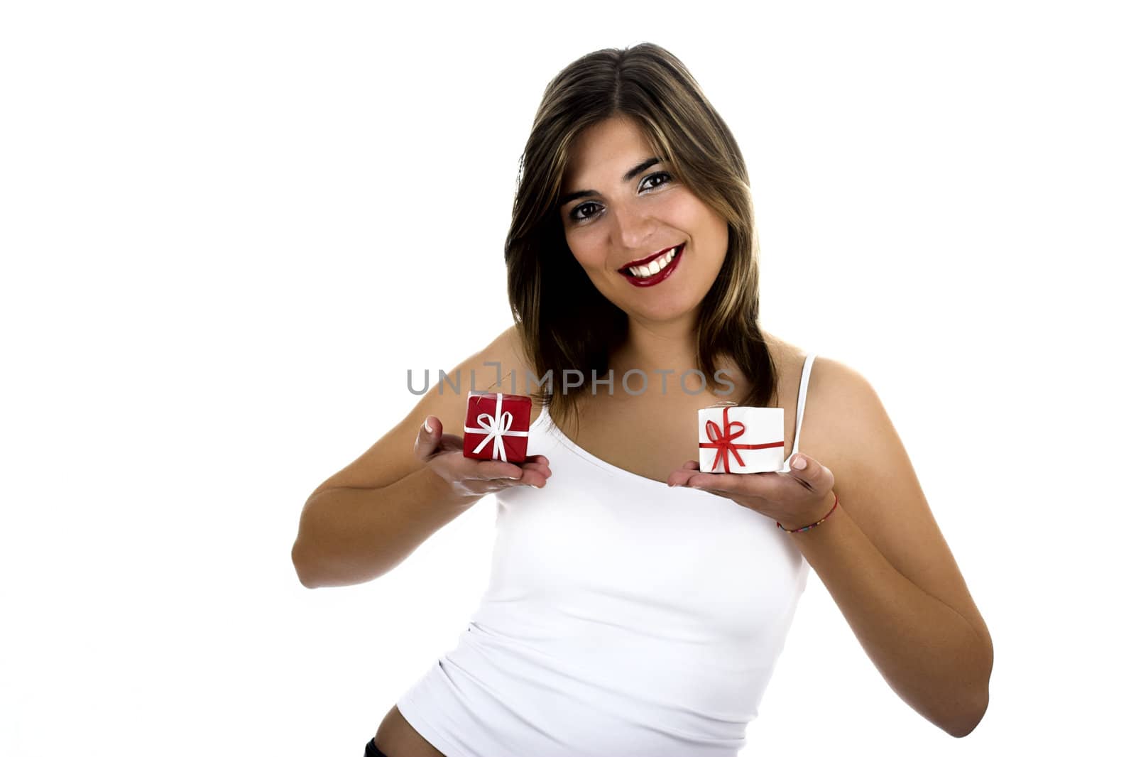 Christmas season! Different poses of a beautiful woman with small gifts on the hands.