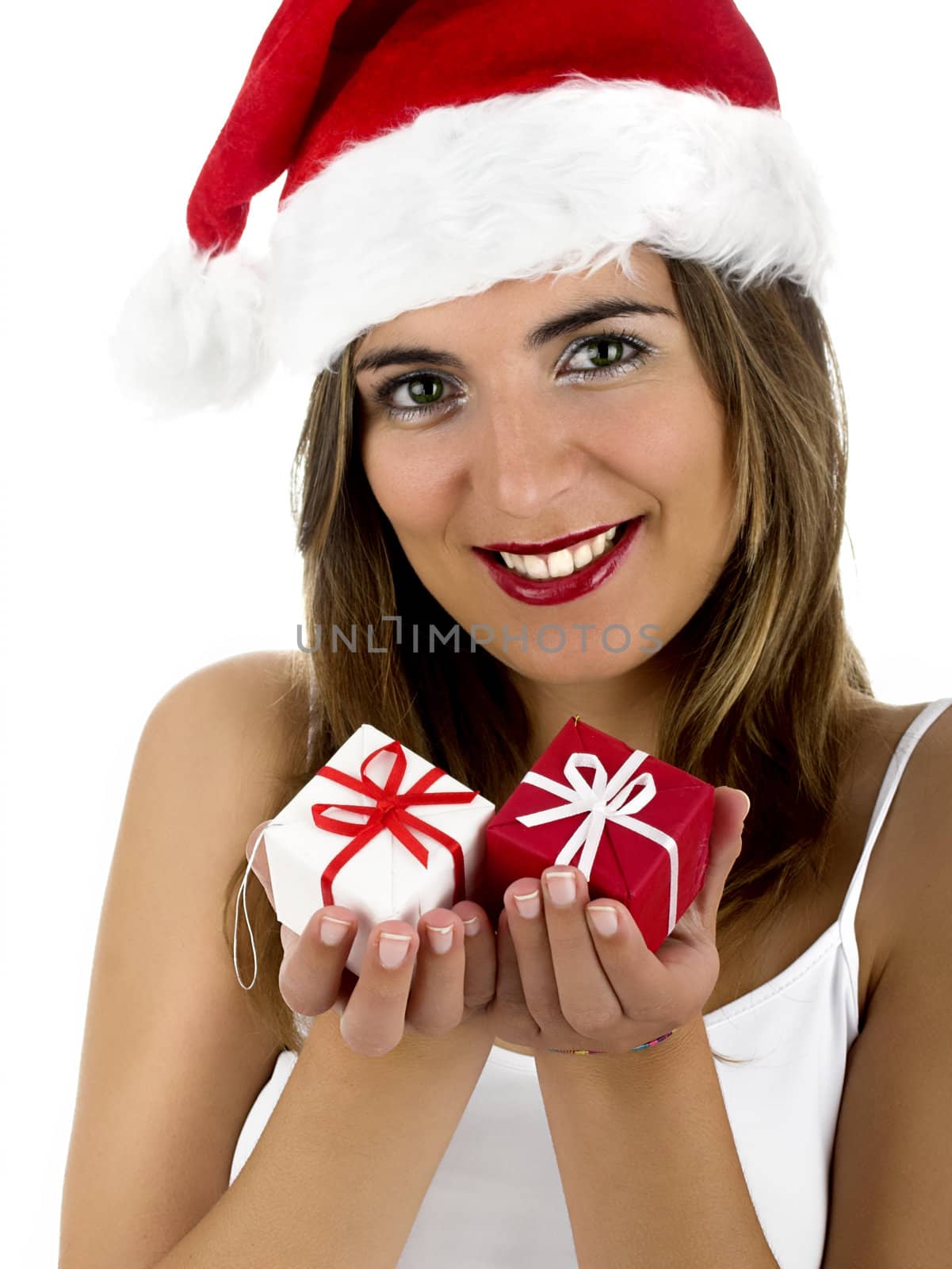 Christmas season! Different poses of a beautiful woman with small gifts on the hands. (Focus is especially on the gifts)