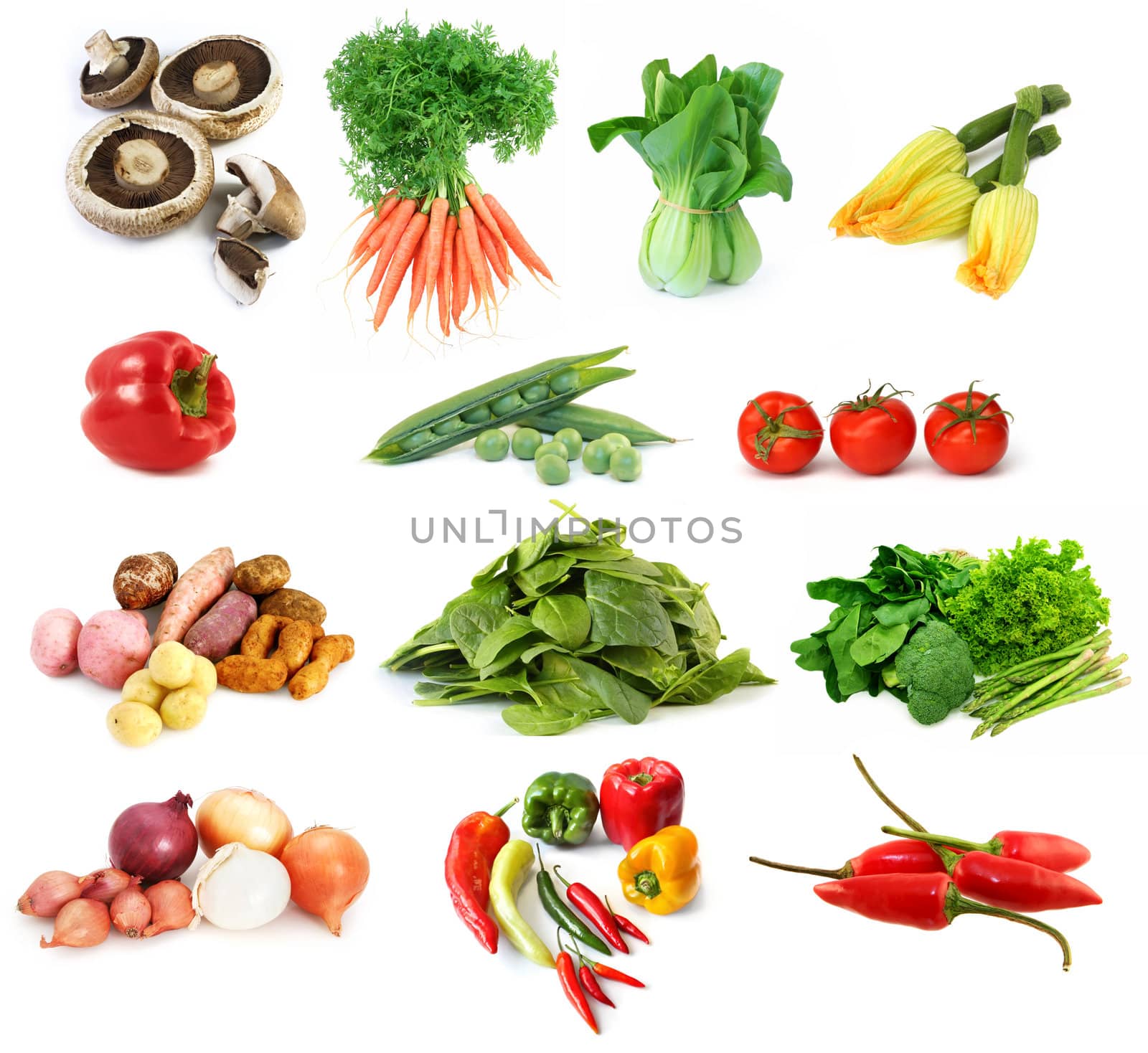 Collection of vegetables, isolated on white.  Includes mushrooms, carrots, bok choy, zucchini, bell peppers, peas potatoes, onions, spinach, chili pepper; broccoli, asparagus, lettuce, and tomatoes.