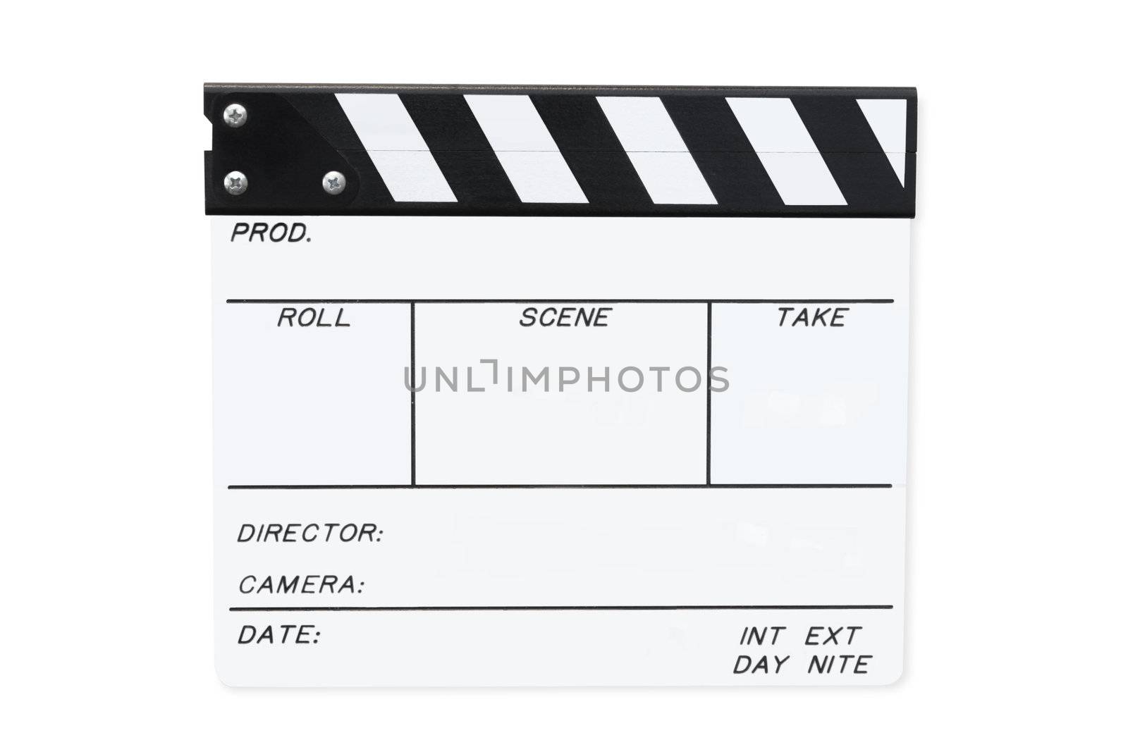 White film/video clapperboard, isolated on white.  Clipping path included.