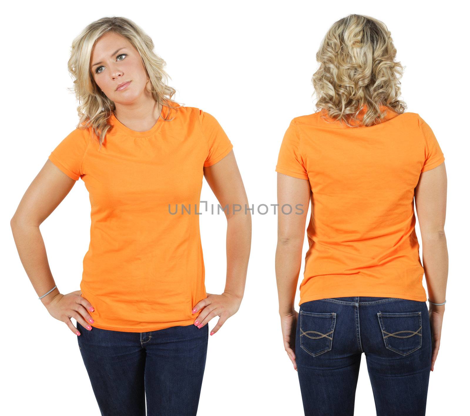 Young beautiful blond female with blank orange shirt, front and back. Ready for your design or logo.