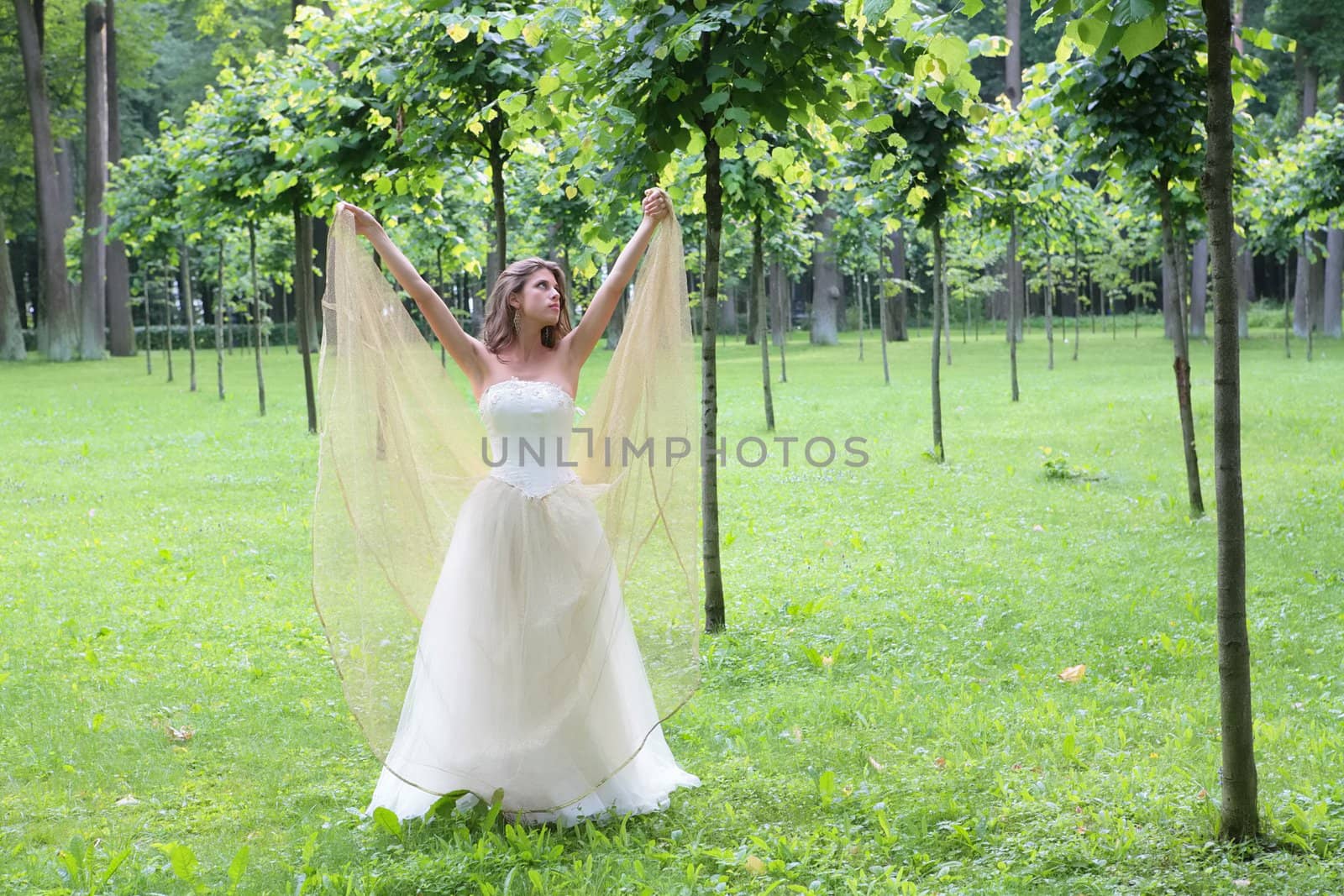 girl in white-golden gown stand in the summer park between young trees with hands upwards