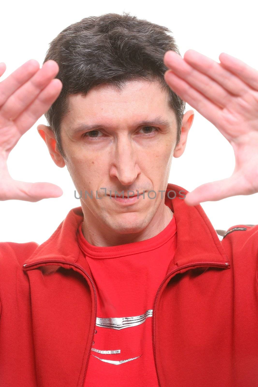 Man in Red Cloth with Raised Hand, Inspiring the Thoughts on Distance