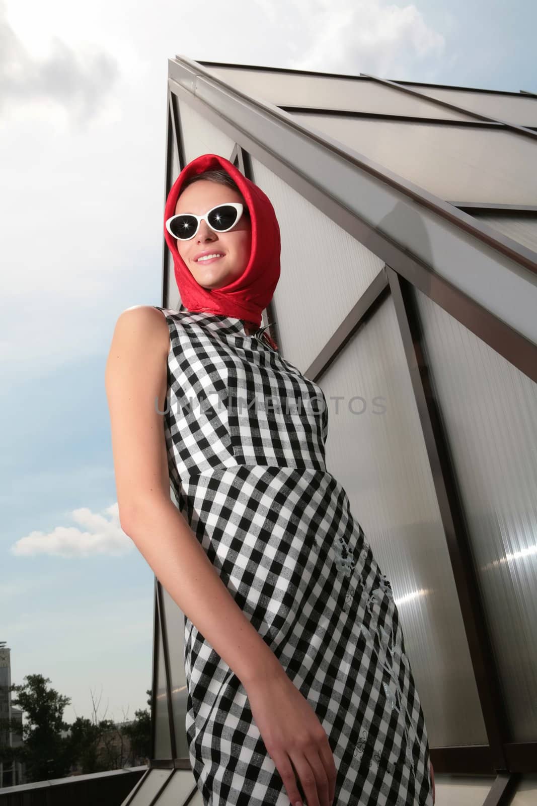 stylish girl plaid dress,  and vintage sunglasses