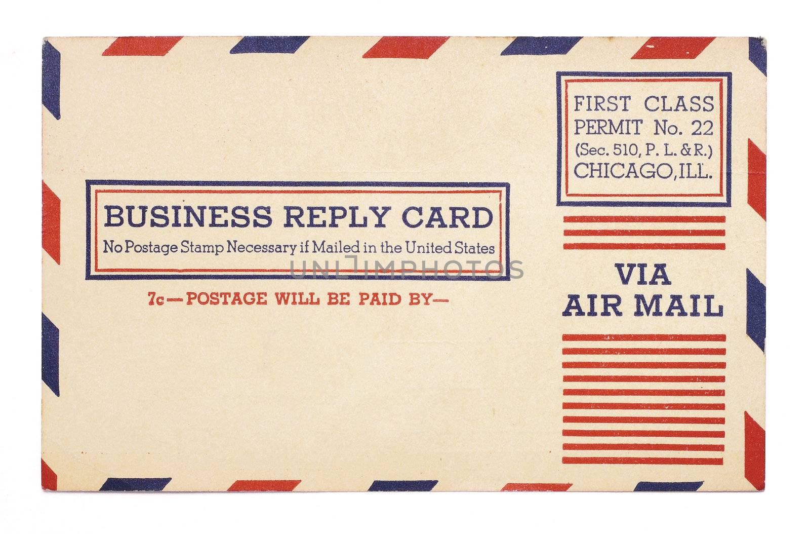 A vintage United States first class, airmail business reply card with red and blue stripes around border.