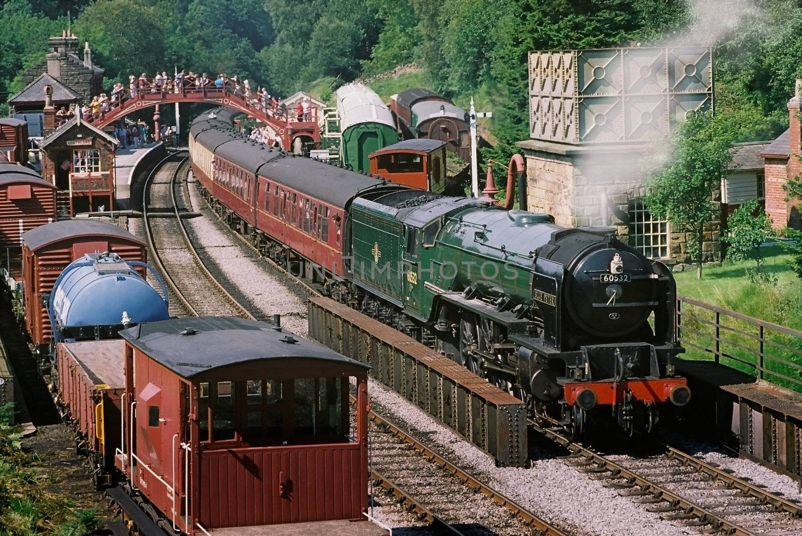 A steam train stationary, at Goatland where many episodes of the television series Heartbeat were filmed.