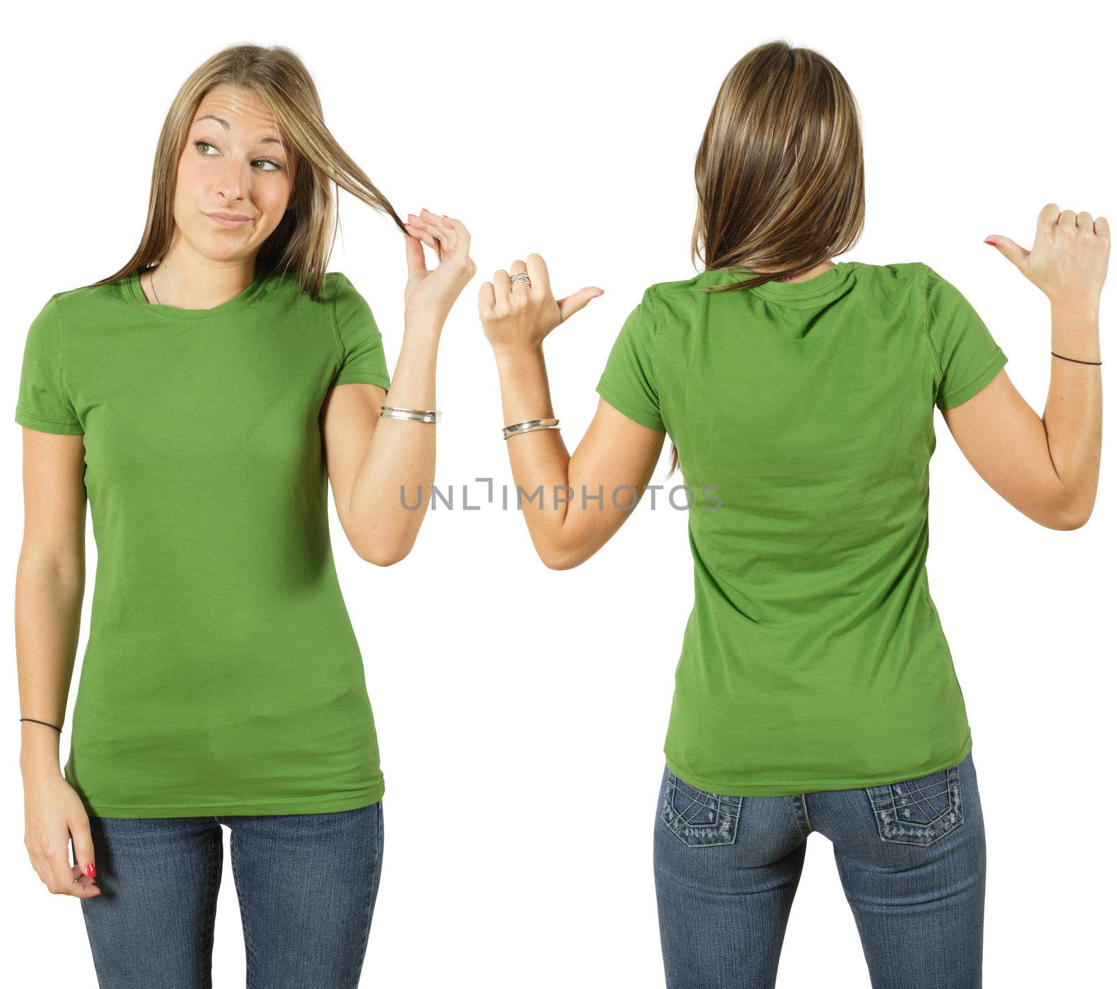 Young beautiful female with blank green shirt, front and back. Ready for your design or logo.