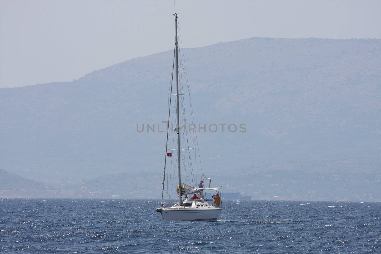 A sailing boat or yatch at sea off the coast of Cesme Turkey
