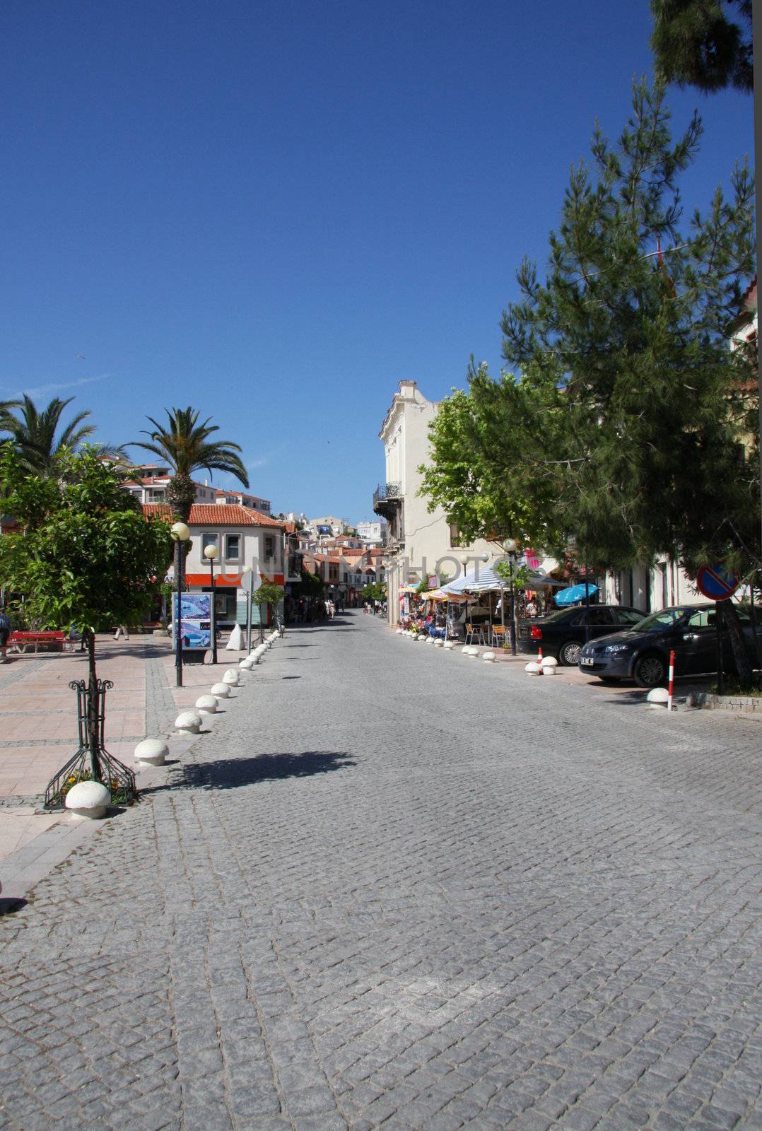 The main street in Cesme Turkey, clear sunny day