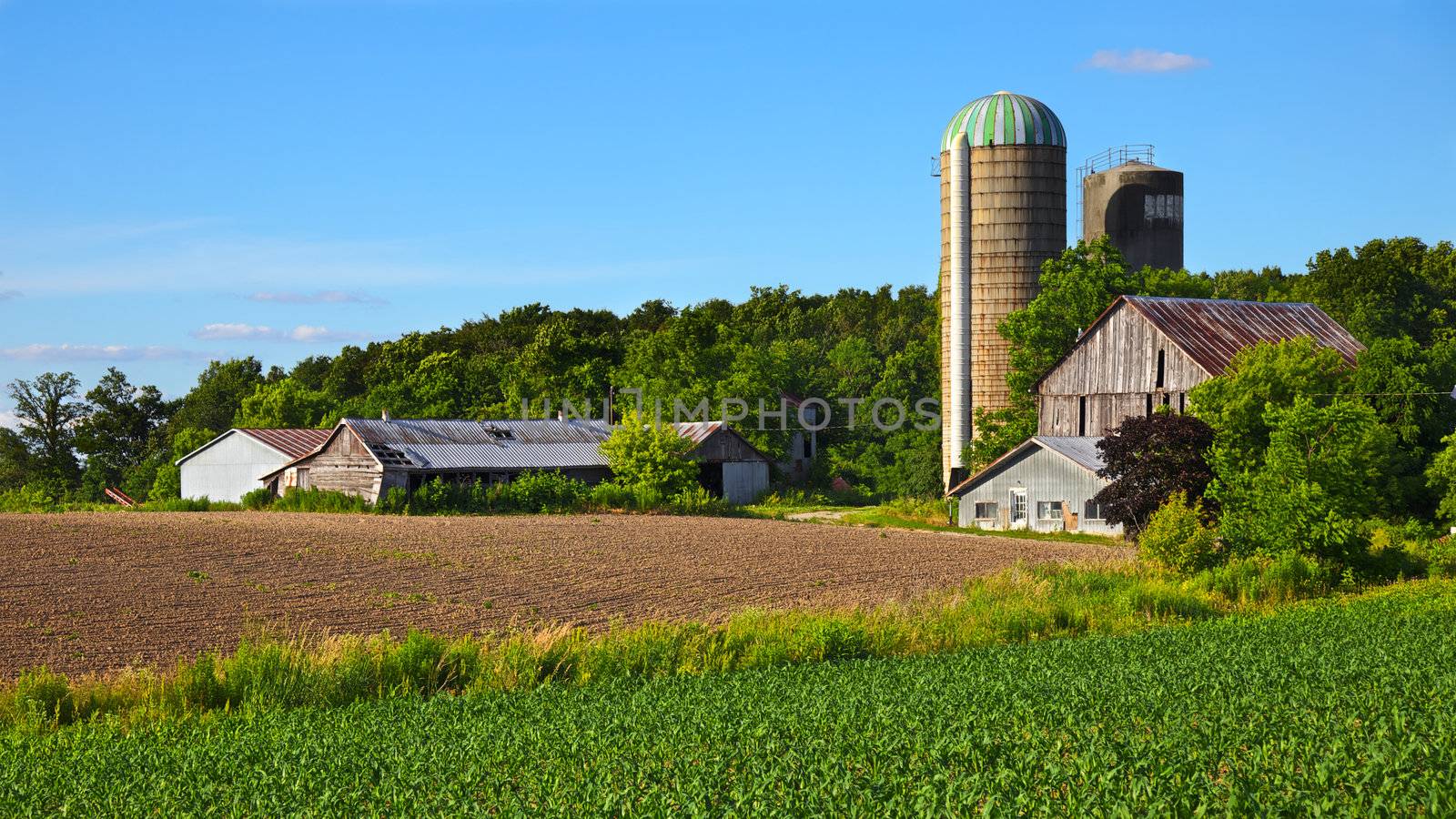 Older farm and field in spring
