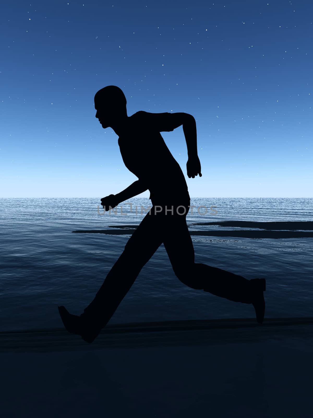 A male runner running on a coastline at night.