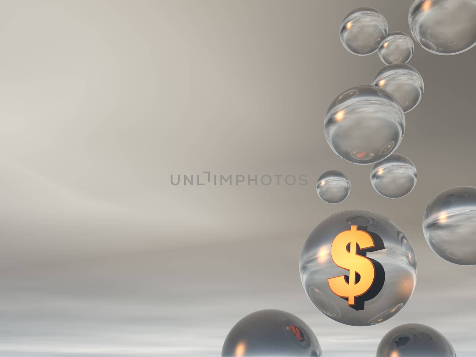 bubbles and golden dollar sign - 3d illustration