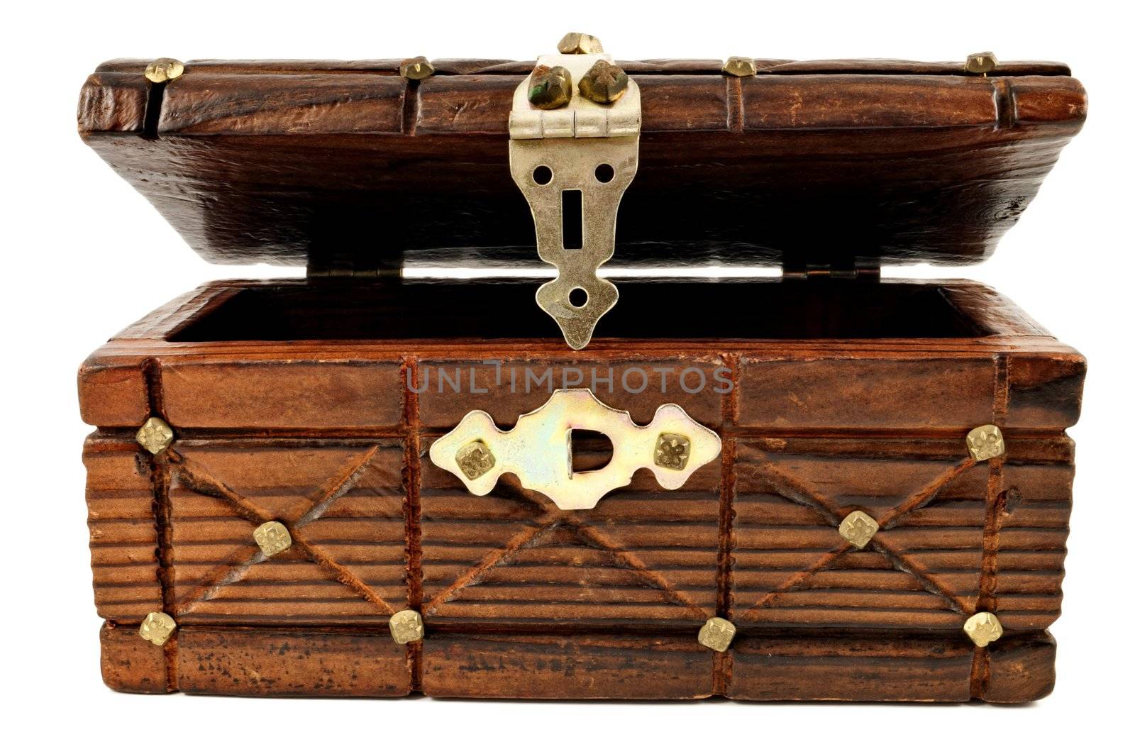 Wooden open treasure chest isolated on white background