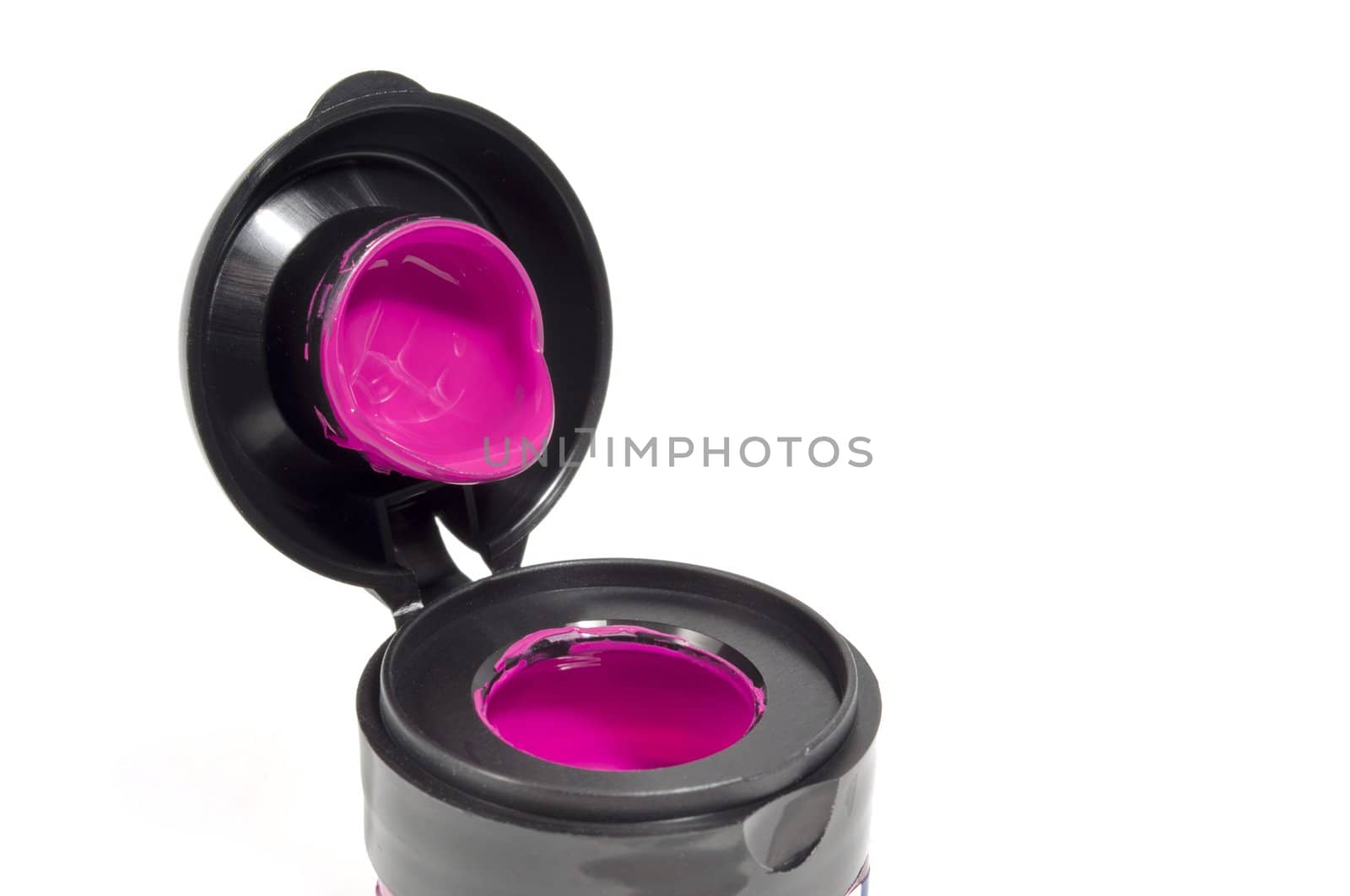 magenta color paint jar with Black stopper isolated on white