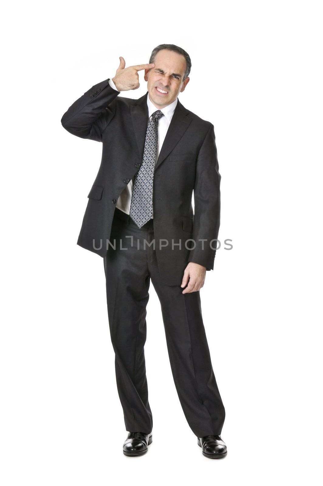 Businessman in a suit gesturing suicide isolated on white background