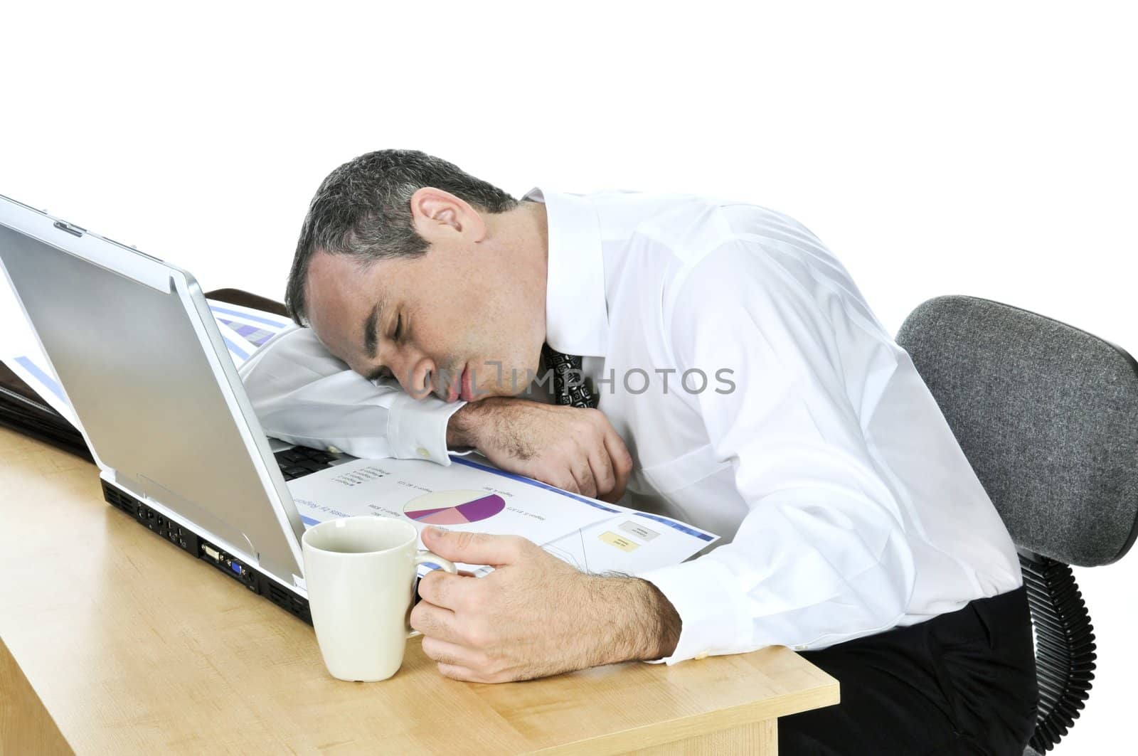 Businessman asleep at his desk on white background by elenathewise