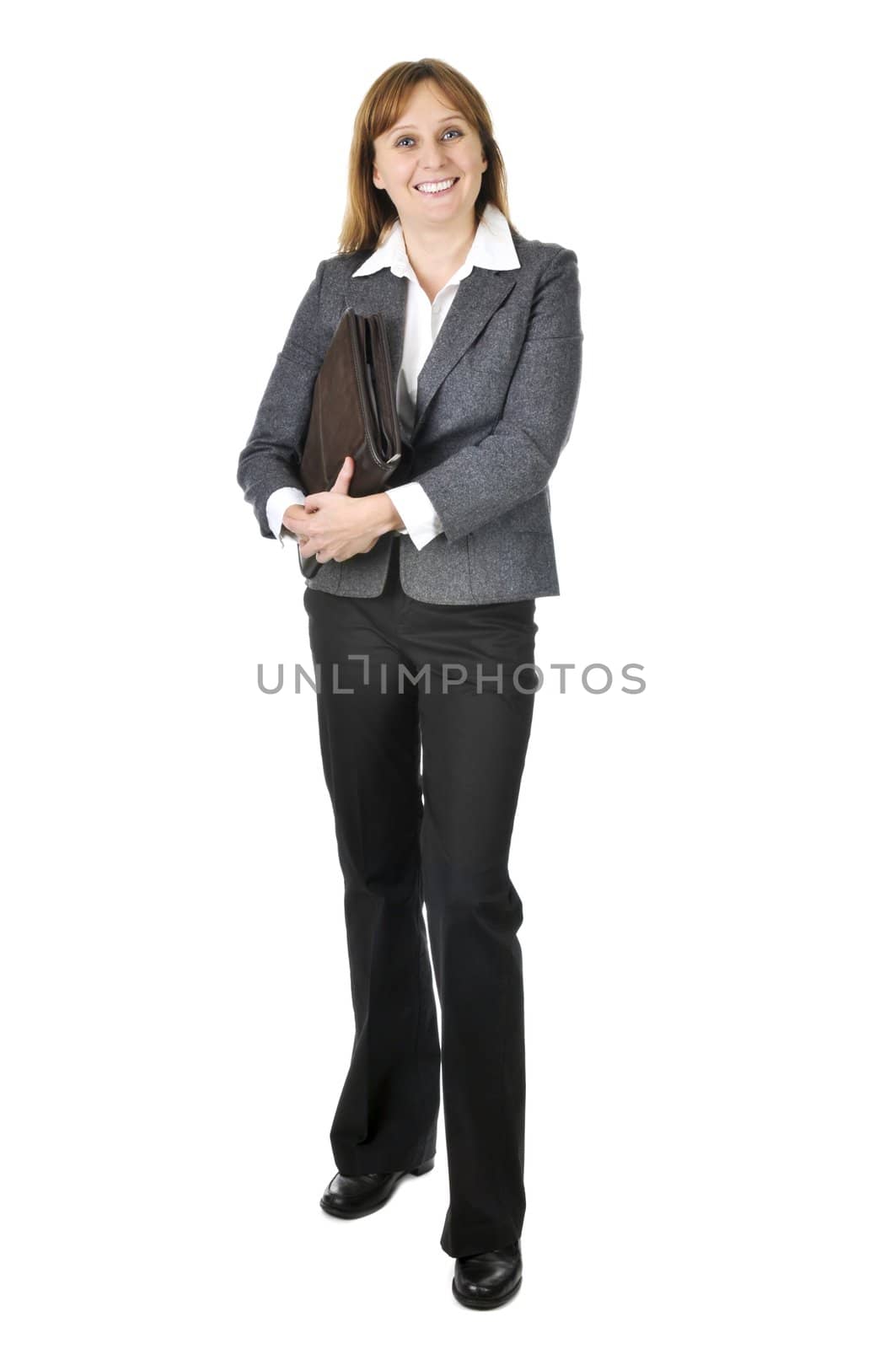 Happy smiling businesswoman isolated on white background