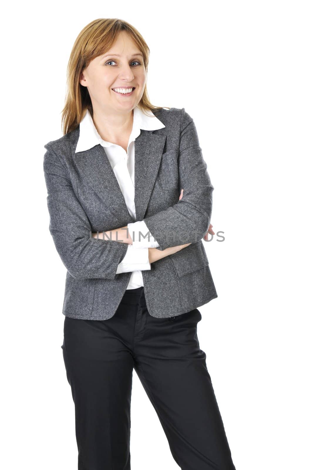 Happy smiling businesswoman isolated on white background