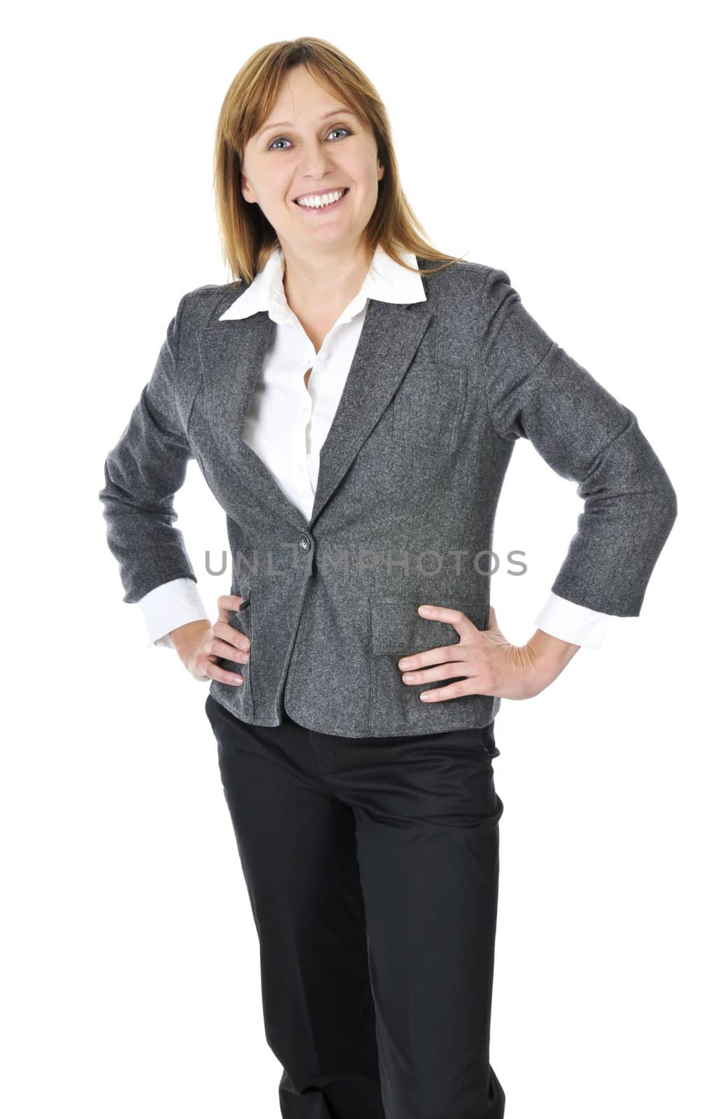 Happy smiling businesswoman isolated on white background