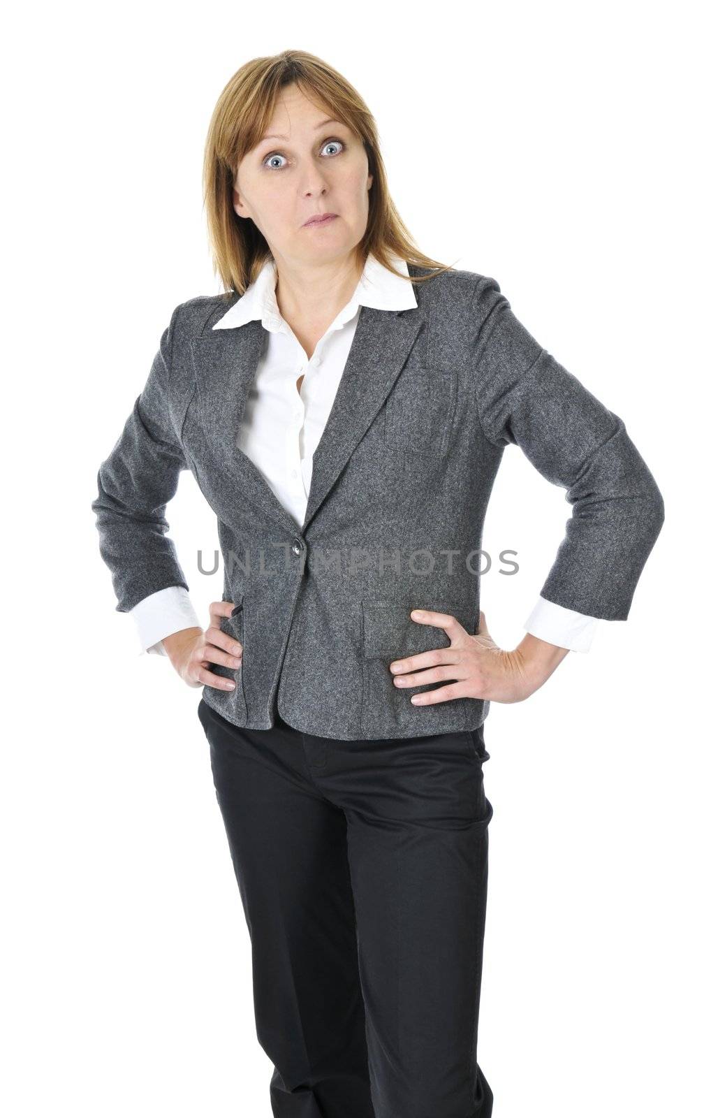 Business woman acting surprised isolated on white background