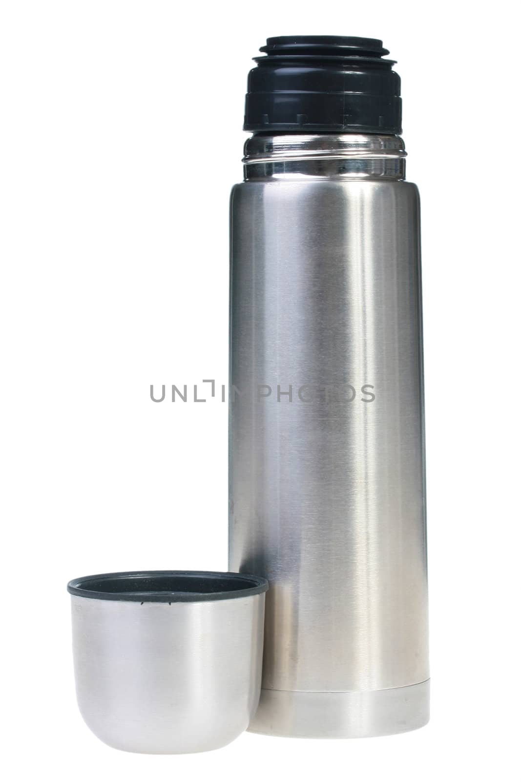 Metal thermos for preservation of a hot or cold liquid on a white background.